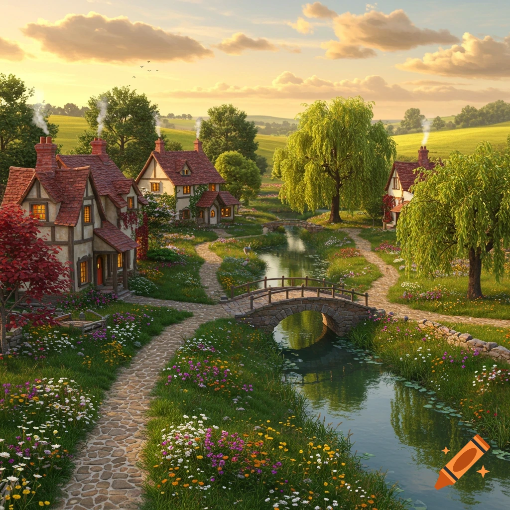 A picturesque village with cobblestone paths, bridges over a river, and lush greenery under a warm, cloudy sky.