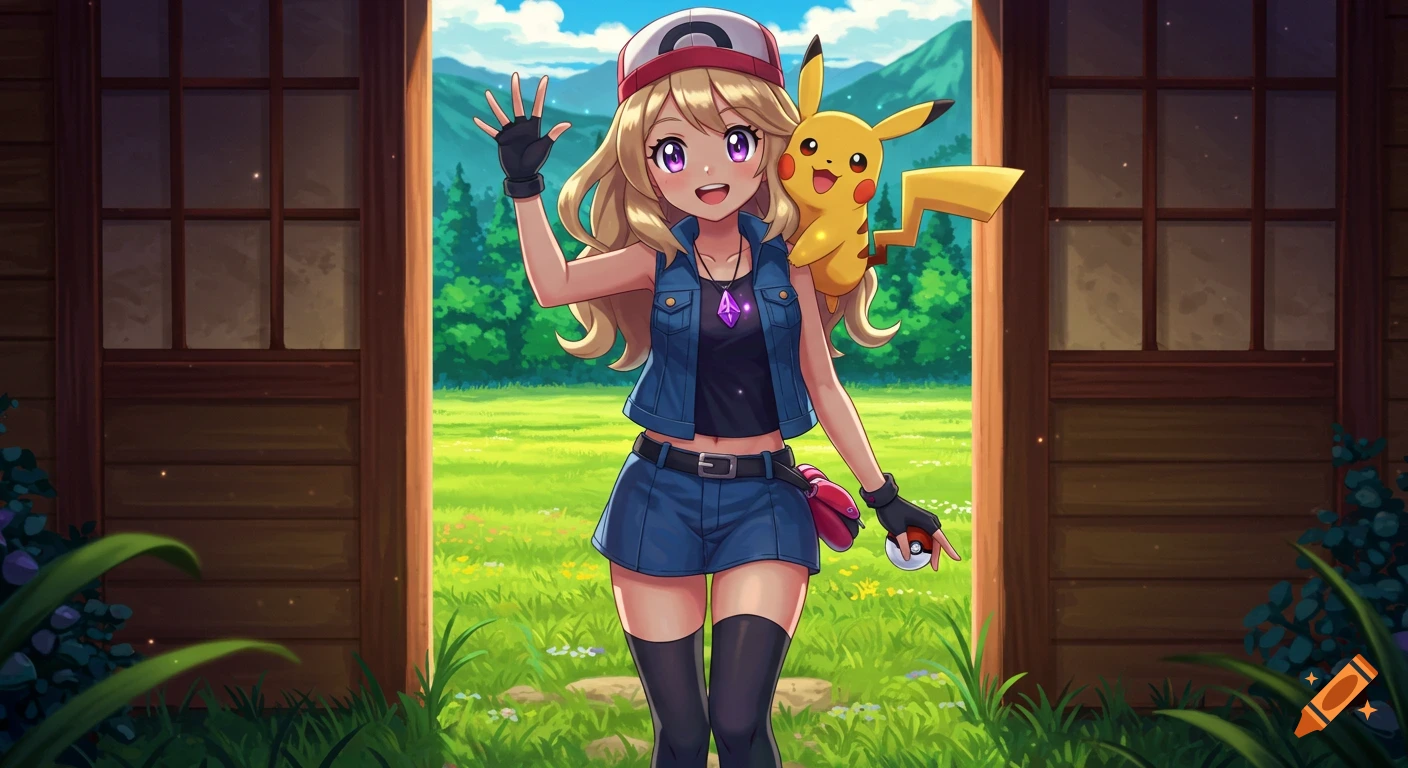 An anime girl with blonde hair and a red cap waves from a doorway, with Pikachu on her shoulder, overlooking a green meadow.
