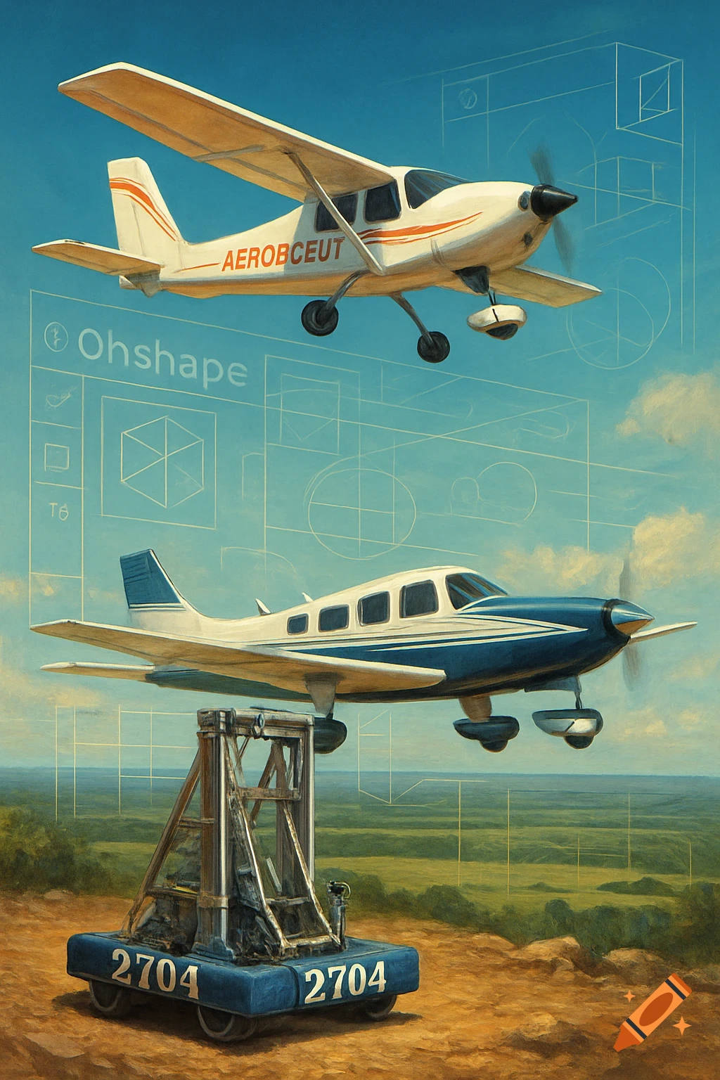 An illustrative painting of an Aeroscout-like plane flying above a blue and white Piper Cherokee airplane resting on a blue FRC robot, with blueprint lines in the sky and a grassy field background.