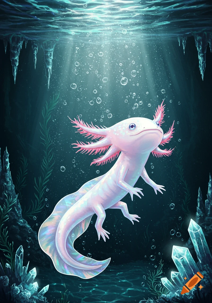 A white axolotl with pink gills swims in a clear blue underwater cave with glowing blue crystals and ice formations above.