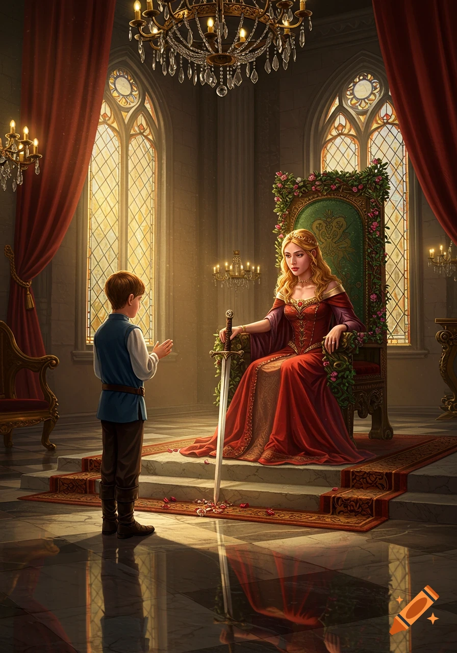 A boy stands before a young princess seated on an ornate throne with a sword in a grand hall.