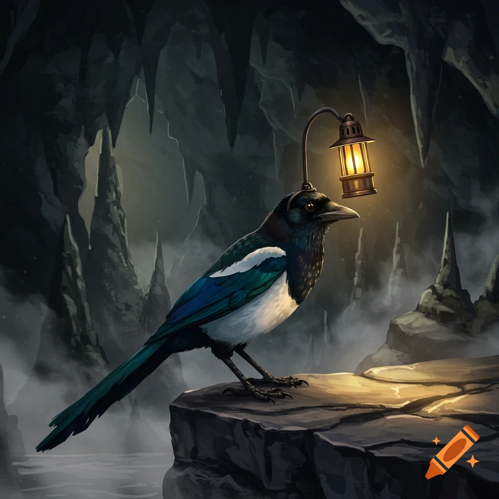 A magpie bird with a glowing miner's lamp on its head stands on a rock in a dark, atmospheric cave.