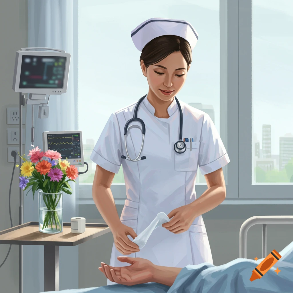 A female nurse in a white uniform with a stethoscope attends to a patient in a hospital room, with flowers nearby.