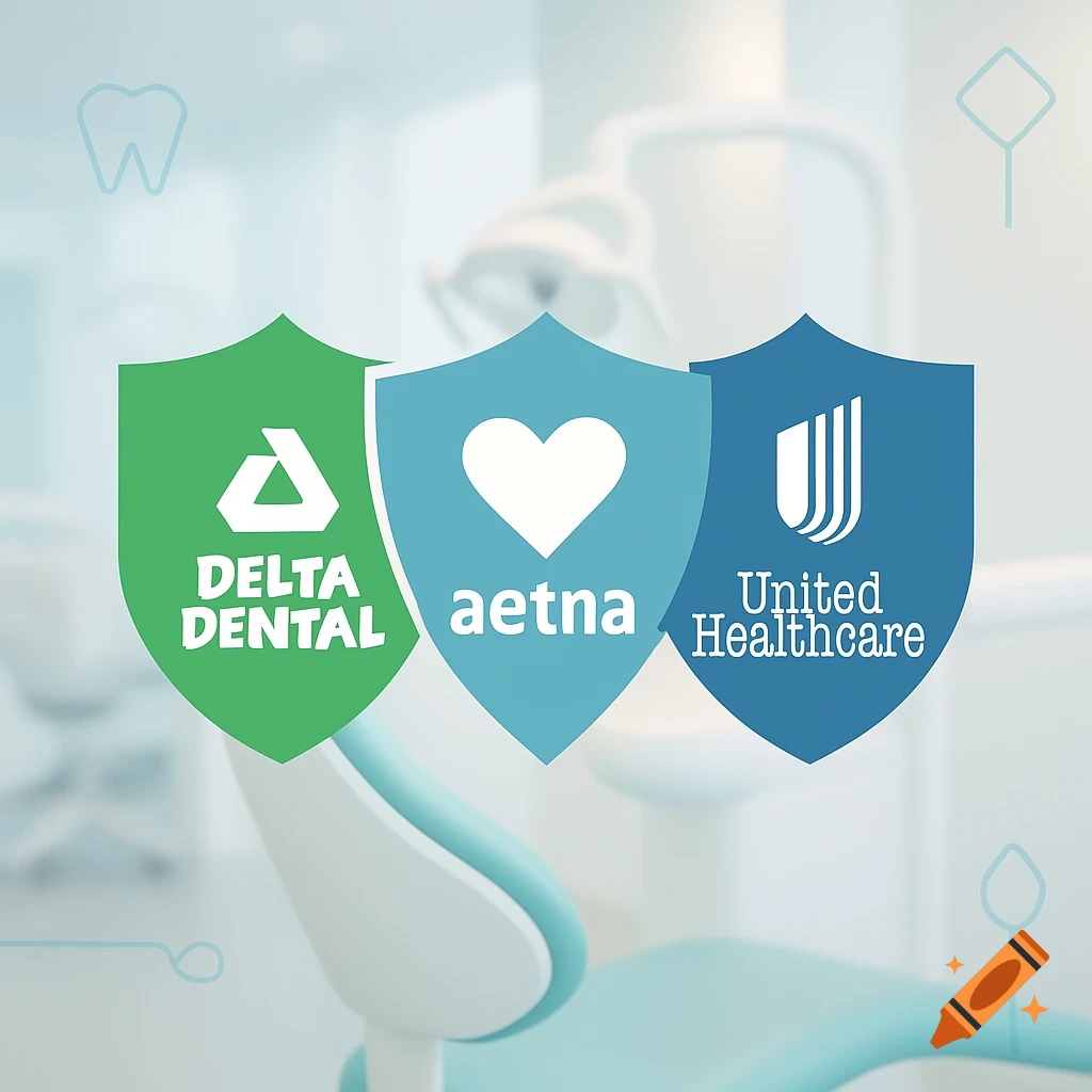 Three shields with logos for Delta Dental, Aetna, and United Healthcare, against a blurred dental office background.