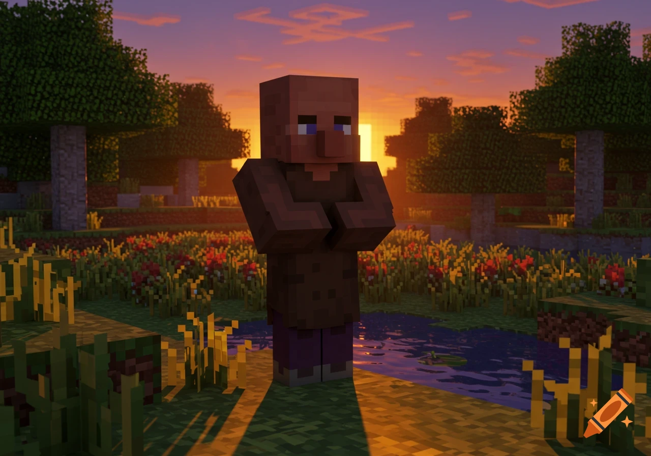 A blocky Minecraft villager stands by a pond in a vibrant, realistic Minecraft landscape during sunset.