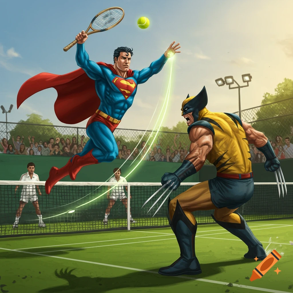 Superman jumps to hit a tennis ball with a racket while Wolverine prepares to strike on a tennis court, in a comic art style.