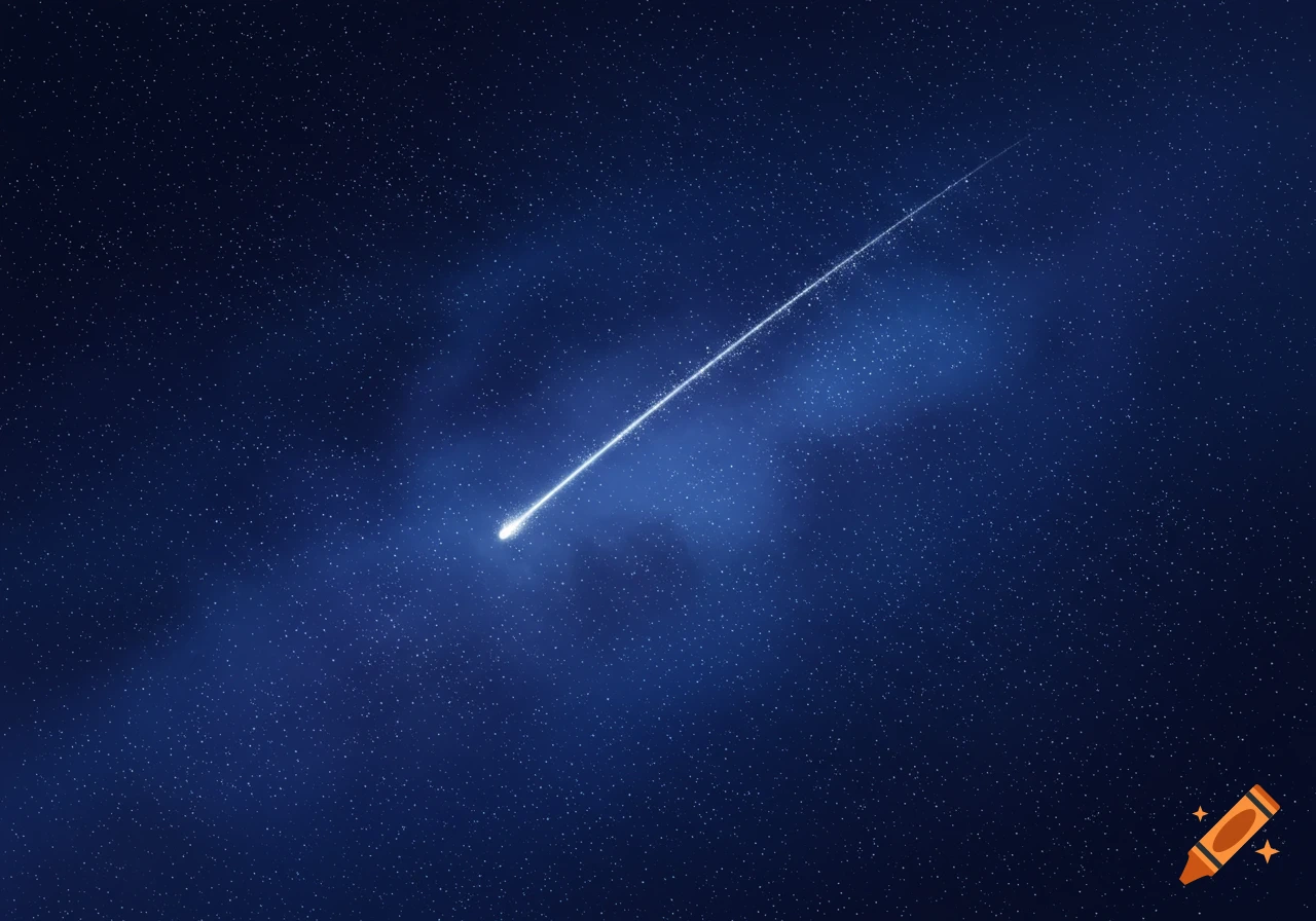 A bright white shooting star streaks diagonally across a dark blue, star-filled night sky.