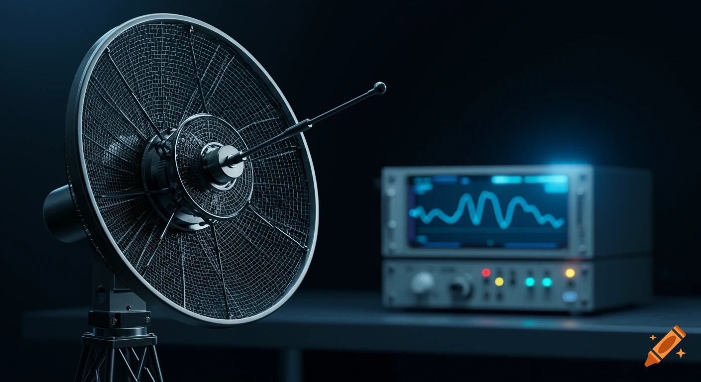A detailed black EMCO 3109 antenna in the foreground, with electronic equipment displaying a blue waveform on a screen in the dark background.