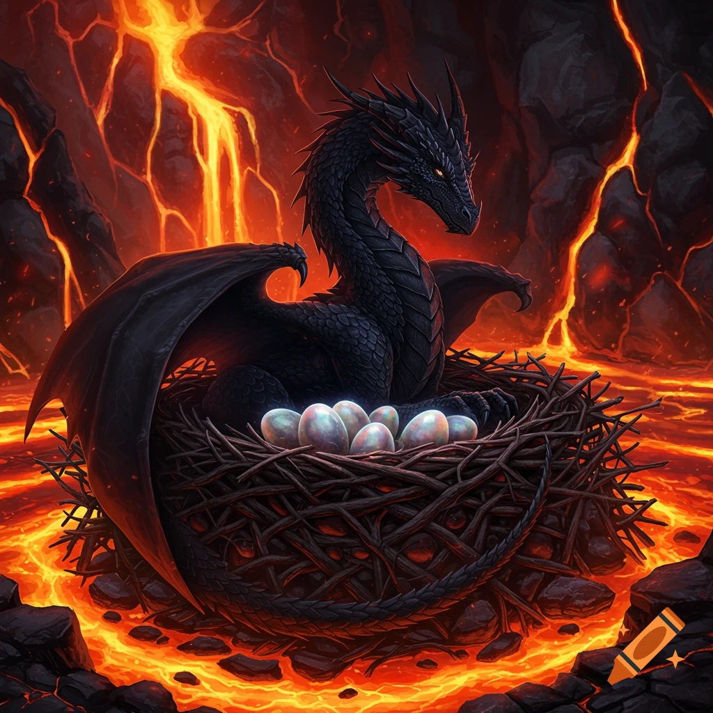 A formidable black dragon sits protectively in a nest with pearlescent  eggs, surrounded by flowing lava in a dark cave. on Craiyon, image size:1024x1024