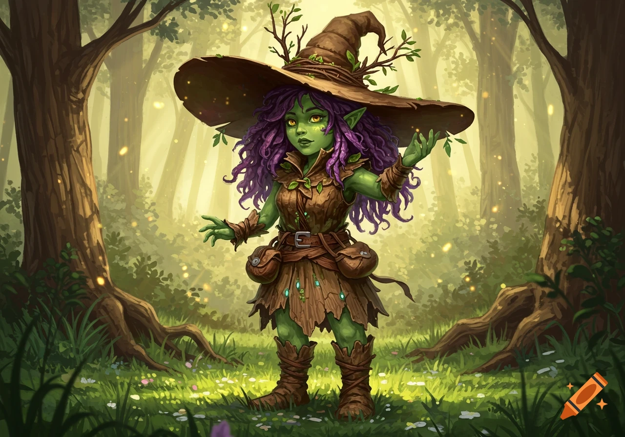 A green-skinned female forest gnome with purple hair and a large witch's hat stands in an enchanted forest.