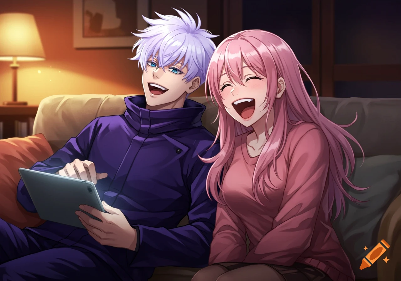 Anime style depiction of a white-haired man and a pink-haired woman laughing while sitting on a couch, looking at a tablet.