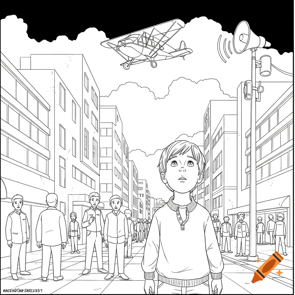 Black and white line art of a young boy looking up at an airplane flying over a city street with other people and a loudspeaker.