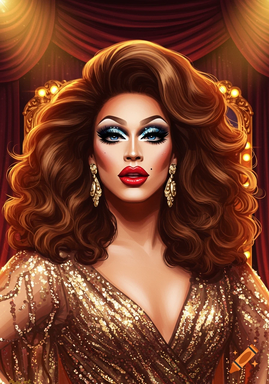 Portrait of a drag queen with voluminous brown hair, dramatic blue eyeshadow, red lipstick, and a gold sequined gown against a theatrical red curtain.