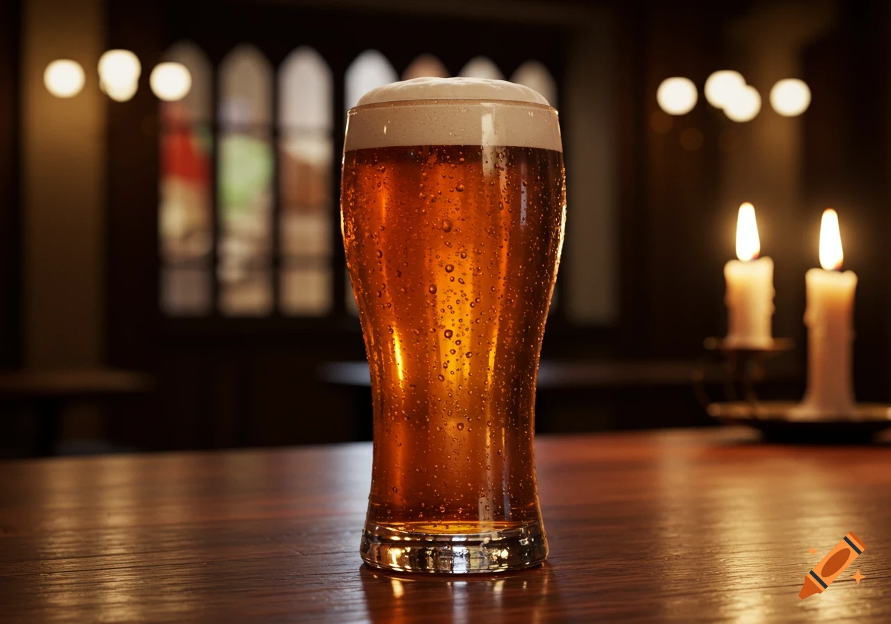 A glass of frothy beer with condensation on a wooden table, in a dimly lit pub with blurred windows and candles.