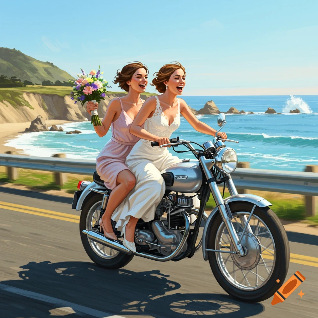 A bride and a bridesmaid joyfully ride a motorcycle along a scenic coastal road with the ocean and cliffs in an illustrative style.