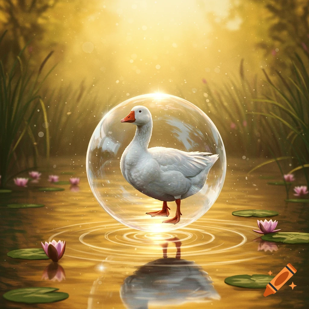 A white goose in a transparent sphere floats on golden, sunlit water with lily pads in a dreamlike setting.