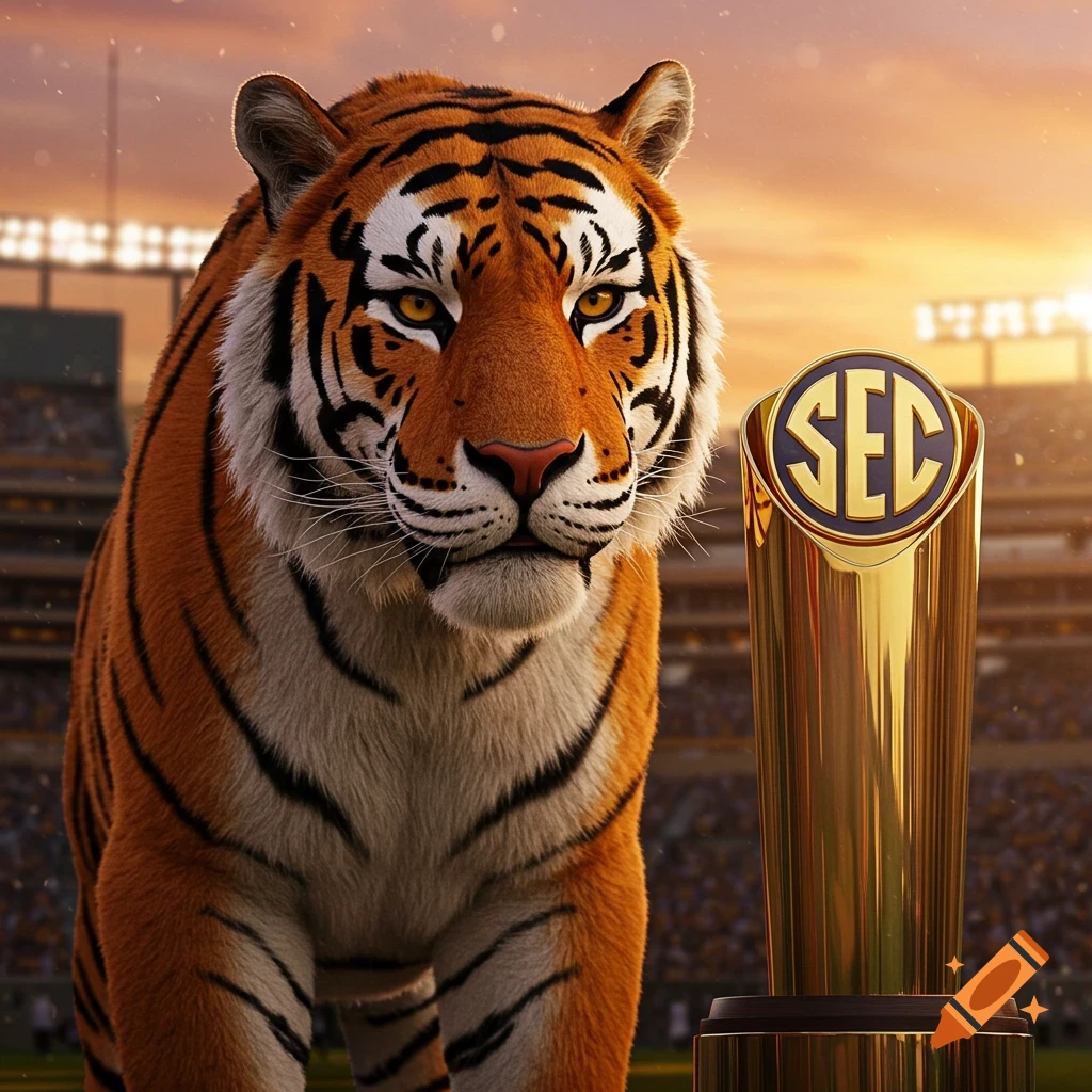 A majestic photorealistic tiger stands next to a golden SEC championship trophy in a stadium at sunset.