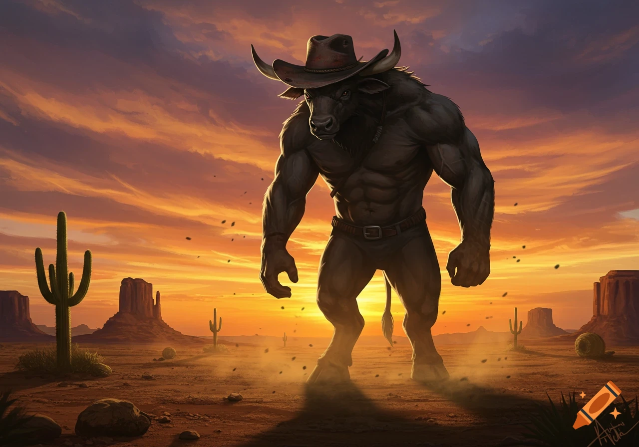 A muscular bull minotaur in a cowboy hat stands in a vast desert at sunset, with cacti and buttes in the background.