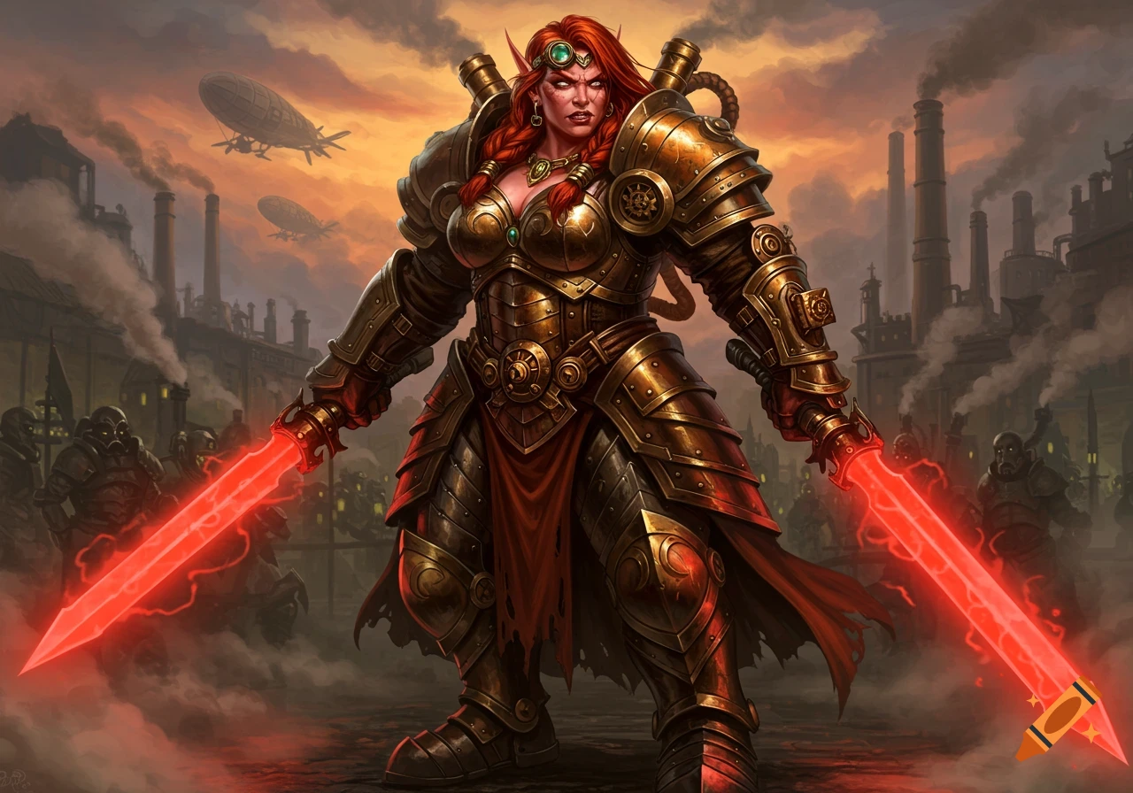 A dwarven woman in golden steampunk power armor holds two glowing red energy blades in an industrial city.