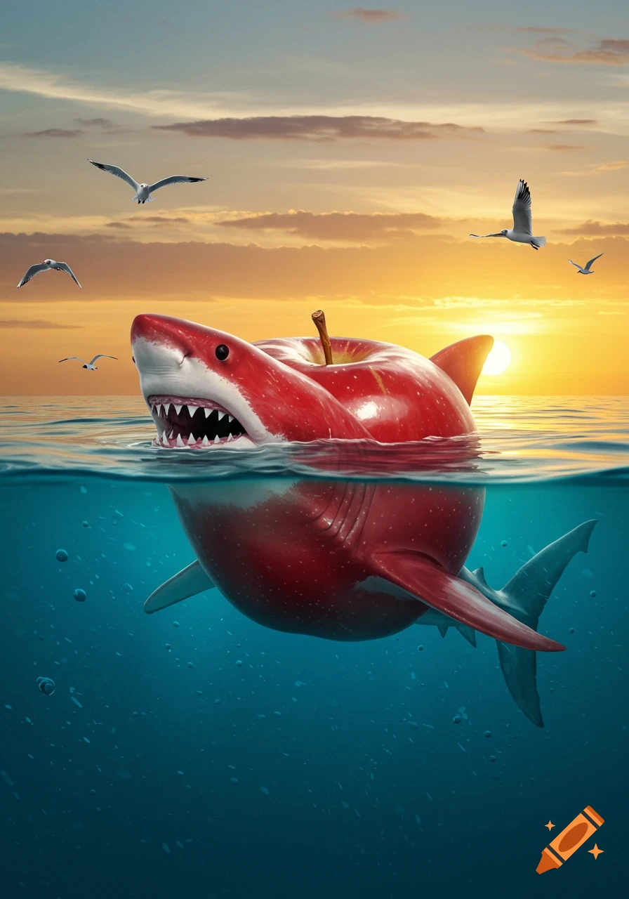 A vibrant red apple merged with a shark's head and tail swims half-submerged in the ocean at sunset with seagulls flying.