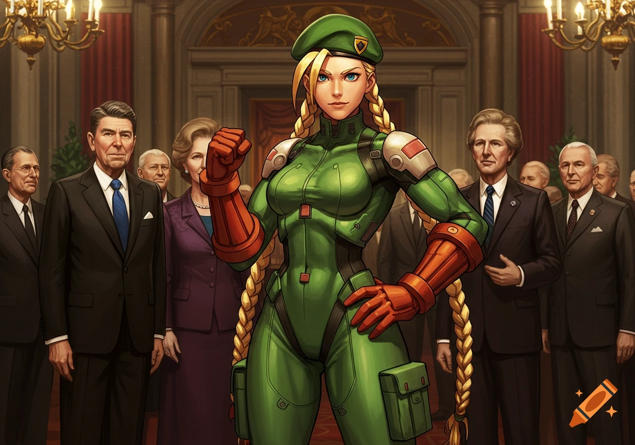 Cammy White, a blonde woman in a green beret and bodysuit, stands confidently with a raised fist in a formal hall, surrounded by male world leaders and Margaret Thatcher.
