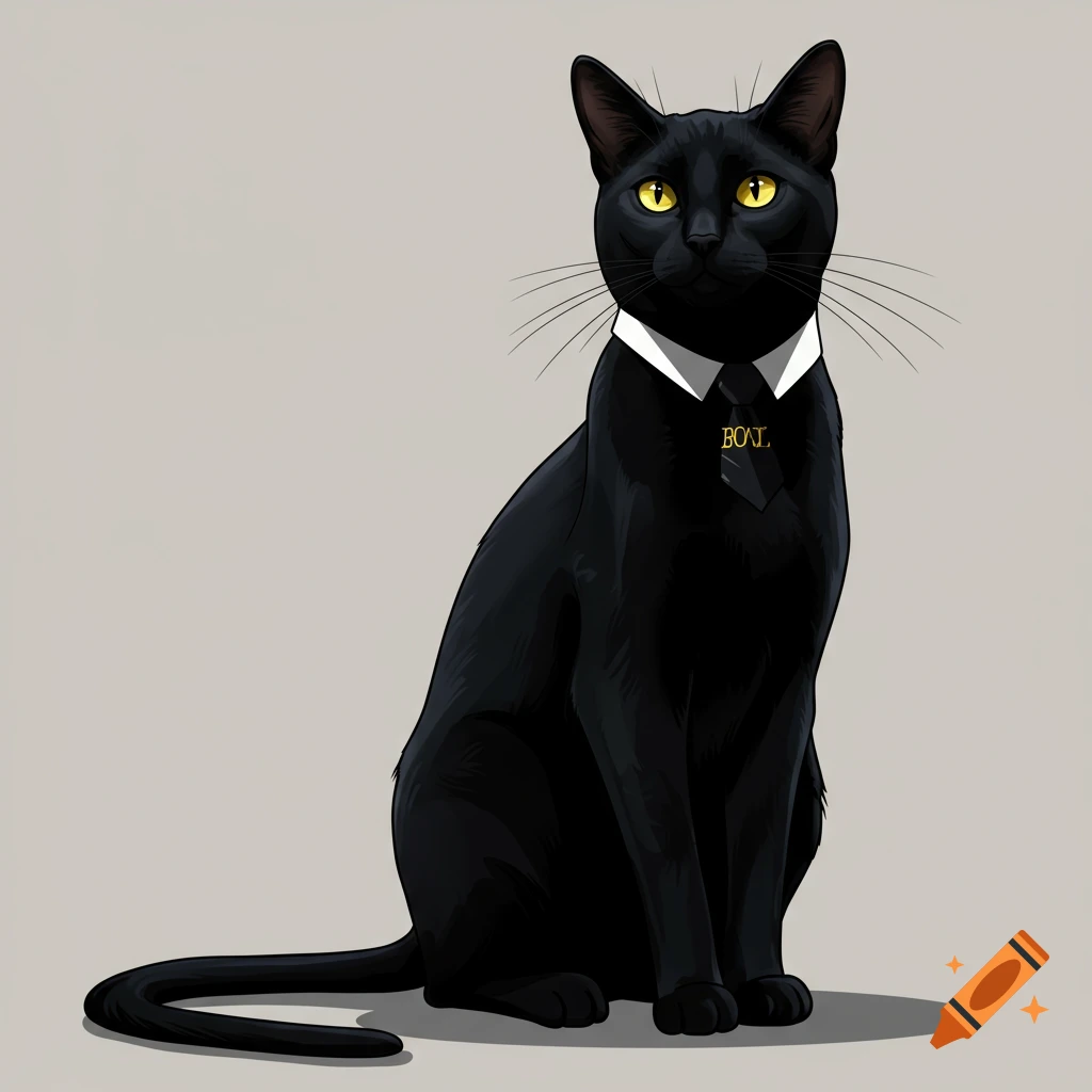 A sleek black cat with gold eyes sits upright wearing a white collar and black tie with gold text, in a digital illustration style.