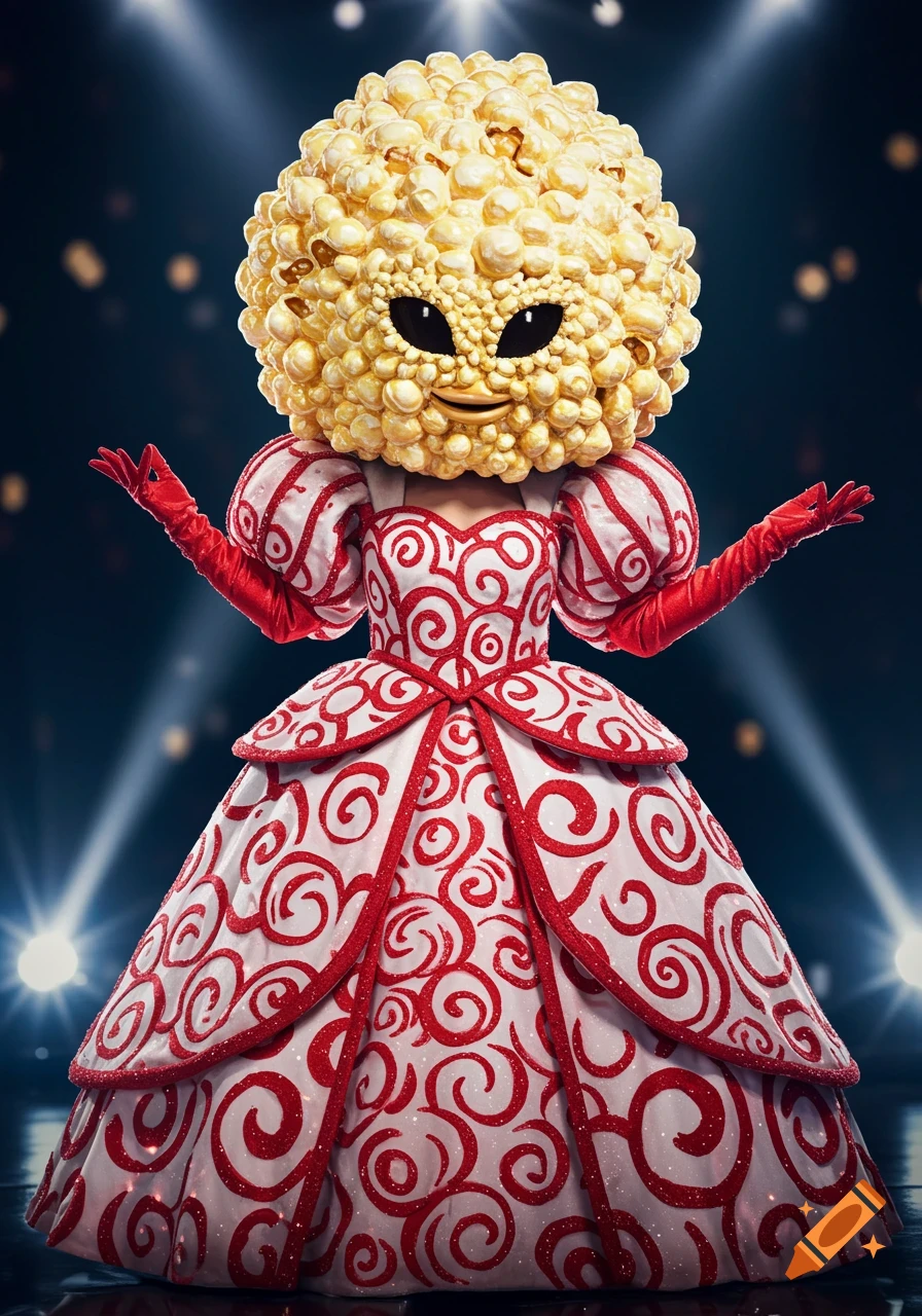 A person in a detailed popcorn mask and an elaborate red and white patterned dress with red gloves, standing on a stage with spotlights.