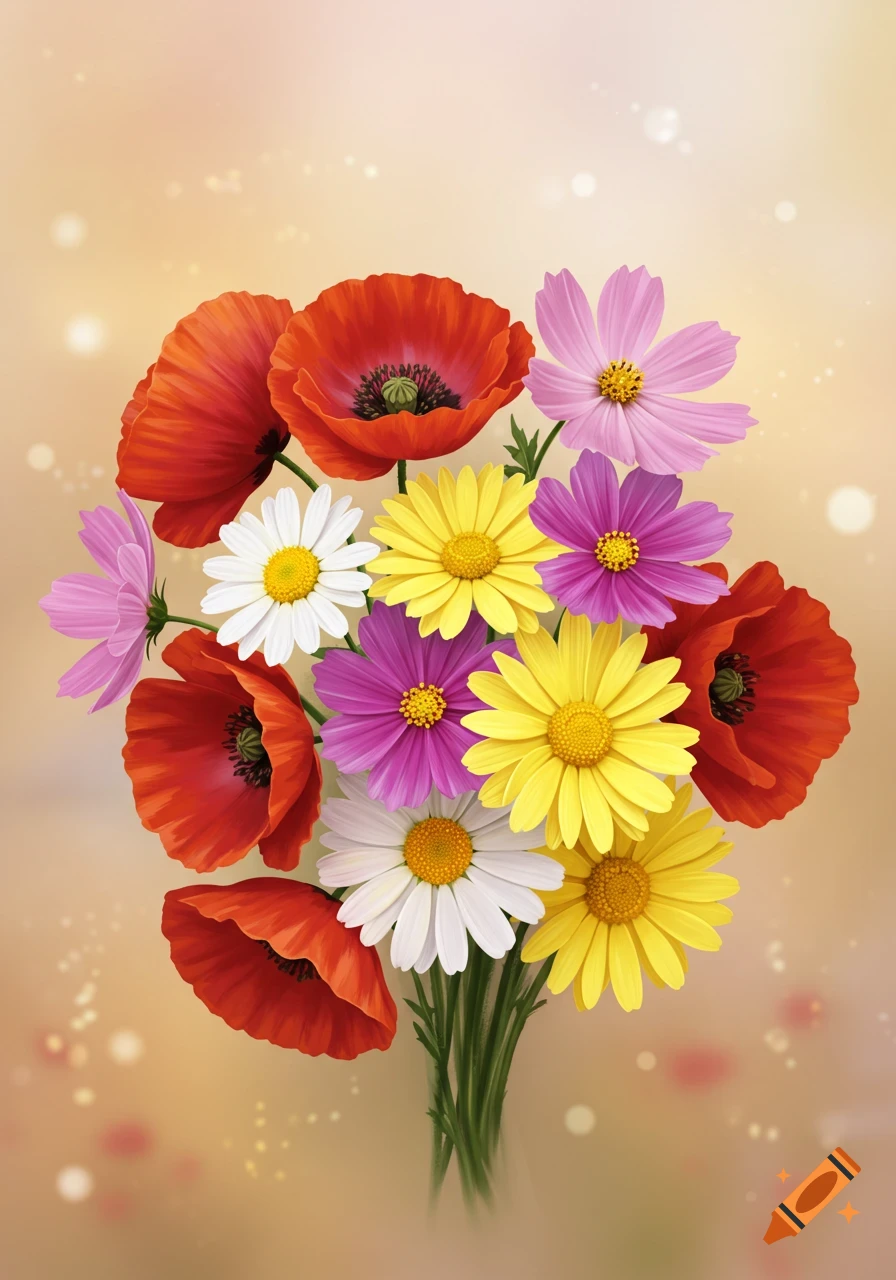 A vibrant bouquet of red poppies, white and yellow daisies, and pink and purple cosmos flowers against a soft, light background.