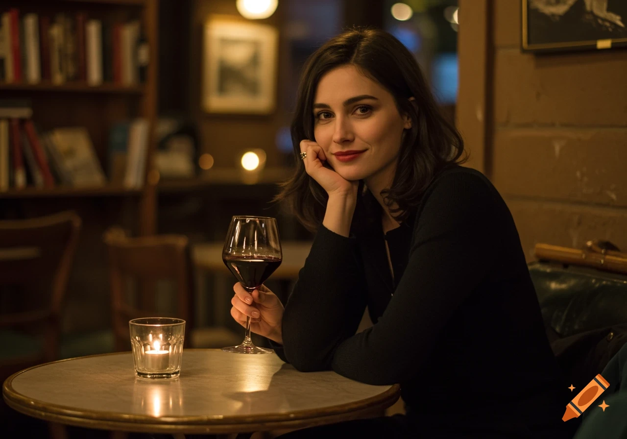 Photorealistic portrait of a woman with a glass of red wine at a table with candlelight in a cozy cafe.