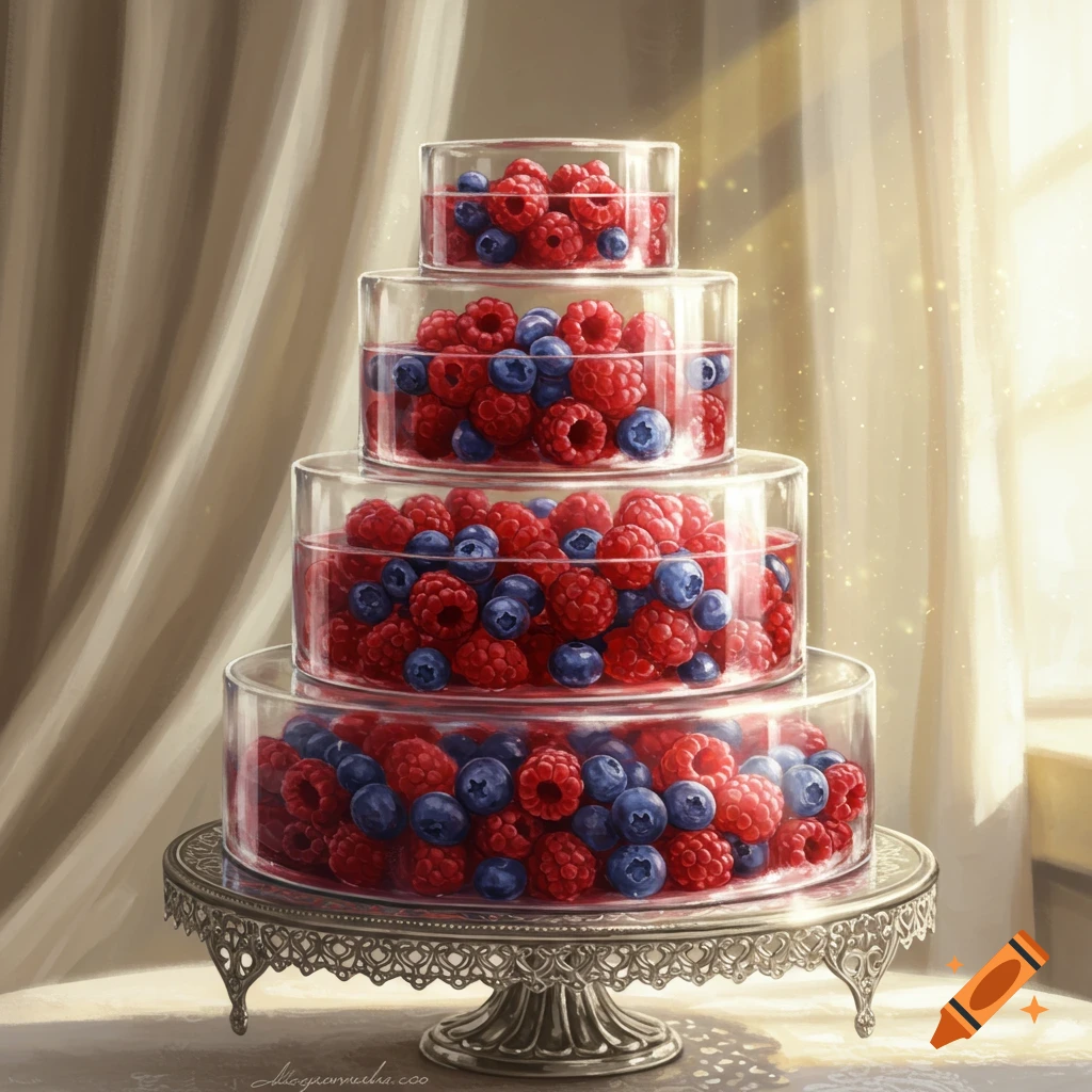 A beautiful four-tier glass cake stand filled with vibrant red raspberries and blue blueberries, set on a decorative silver stand in a warm, sunlit room.