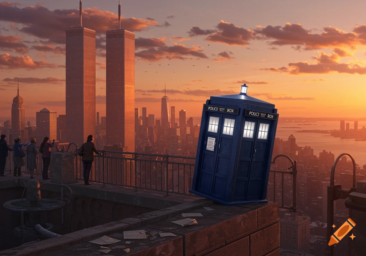 A blue police box on a rooftop overlooking a New York City sunset with the Twin Towers in the background.