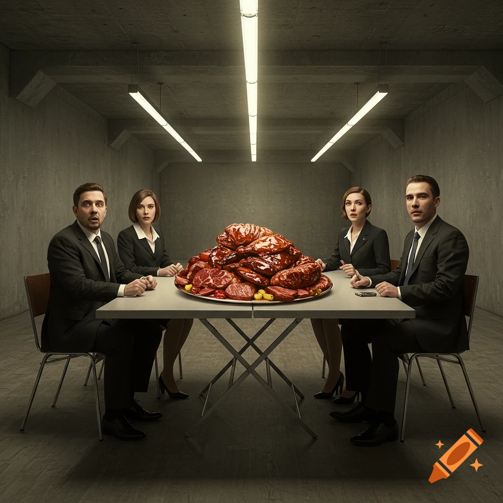 Four people in business attire sit around a table with a giant pile of meat in a concrete room with fluorescent lights, photorealistic.