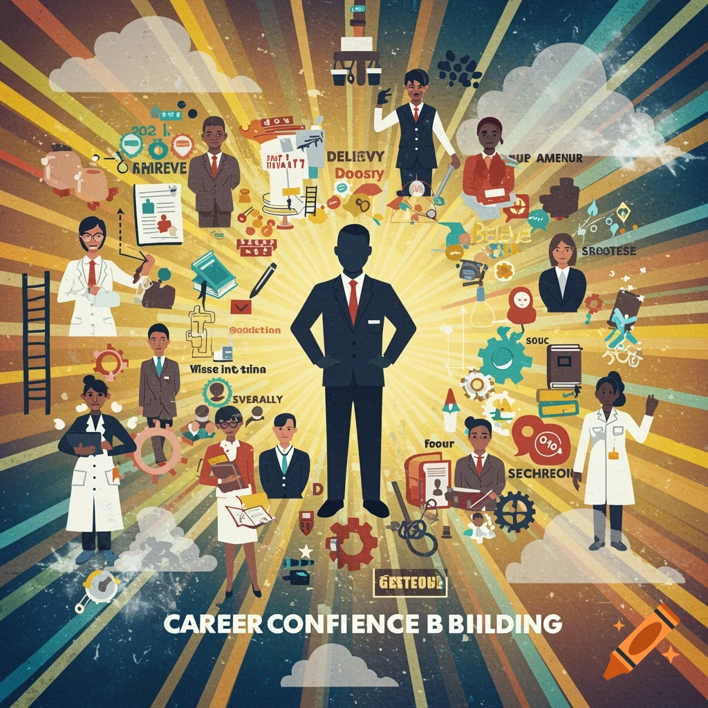 An abstract illustration depicting a central silhouetted figure in a suit, surrounded by diverse professionals, symbols of career growth, and radiating light rays. Various garbled text elements are scattered throughout the composition.