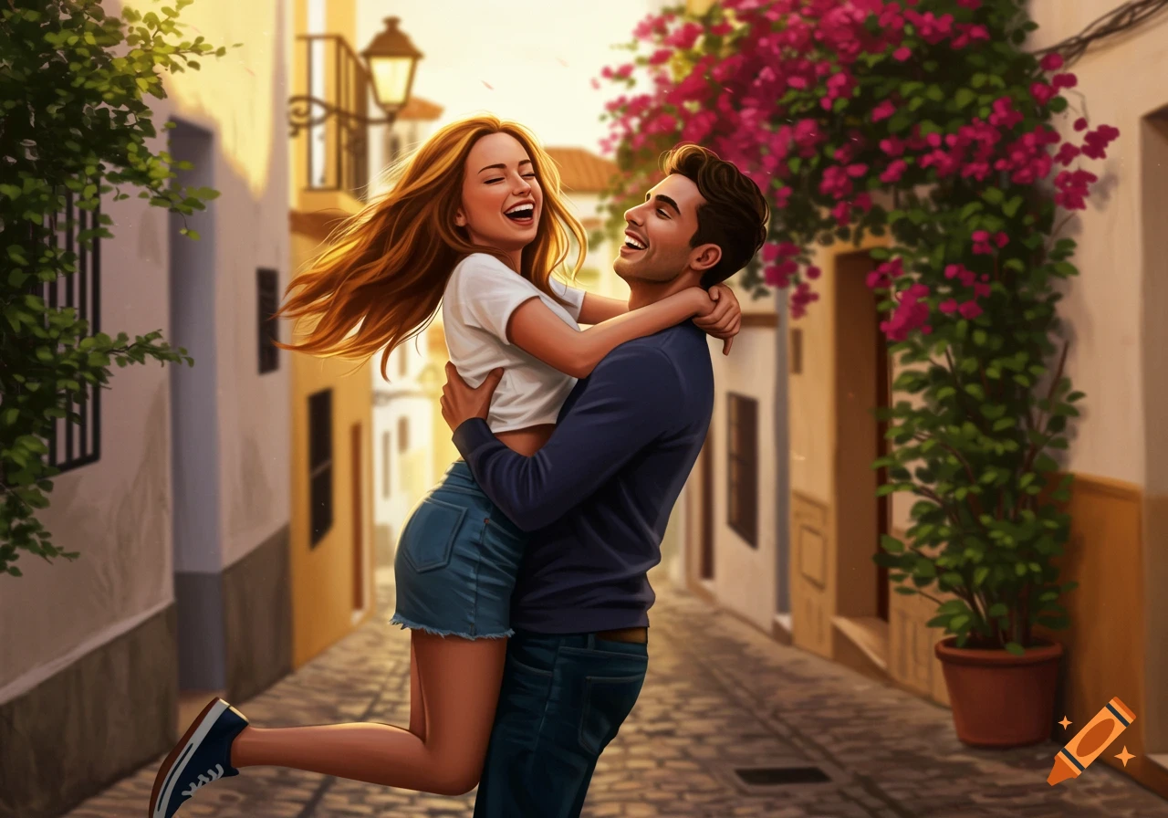A man lifts a laughing woman in a hug on a sunny, narrow street lined with buildings and flowering plants, in digital art style.