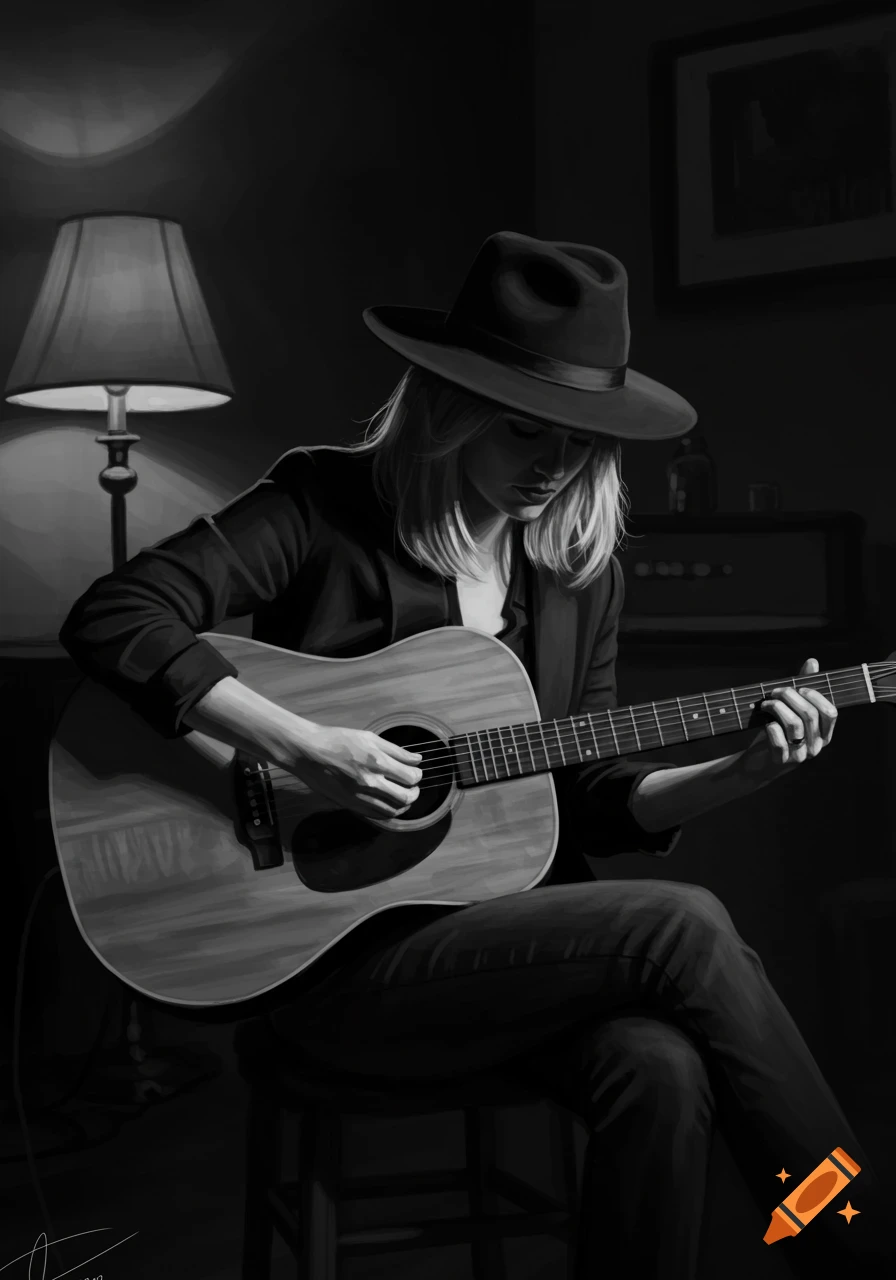 A woman in a fedora plays an acoustic guitar in a dimly lit, black and white room.