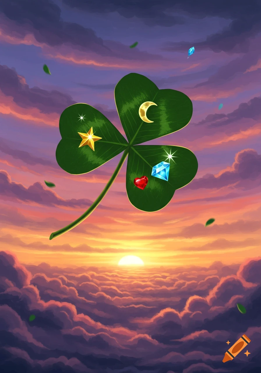 A vibrant four-leaf clover with a star, moon, heart, and diamond, floating above a colorful sunset sky with clouds.