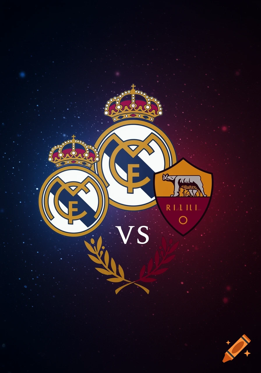 The logos of Real Madrid and AS Roma football clubs facing off, separated by VS, against a starry blue and red background.