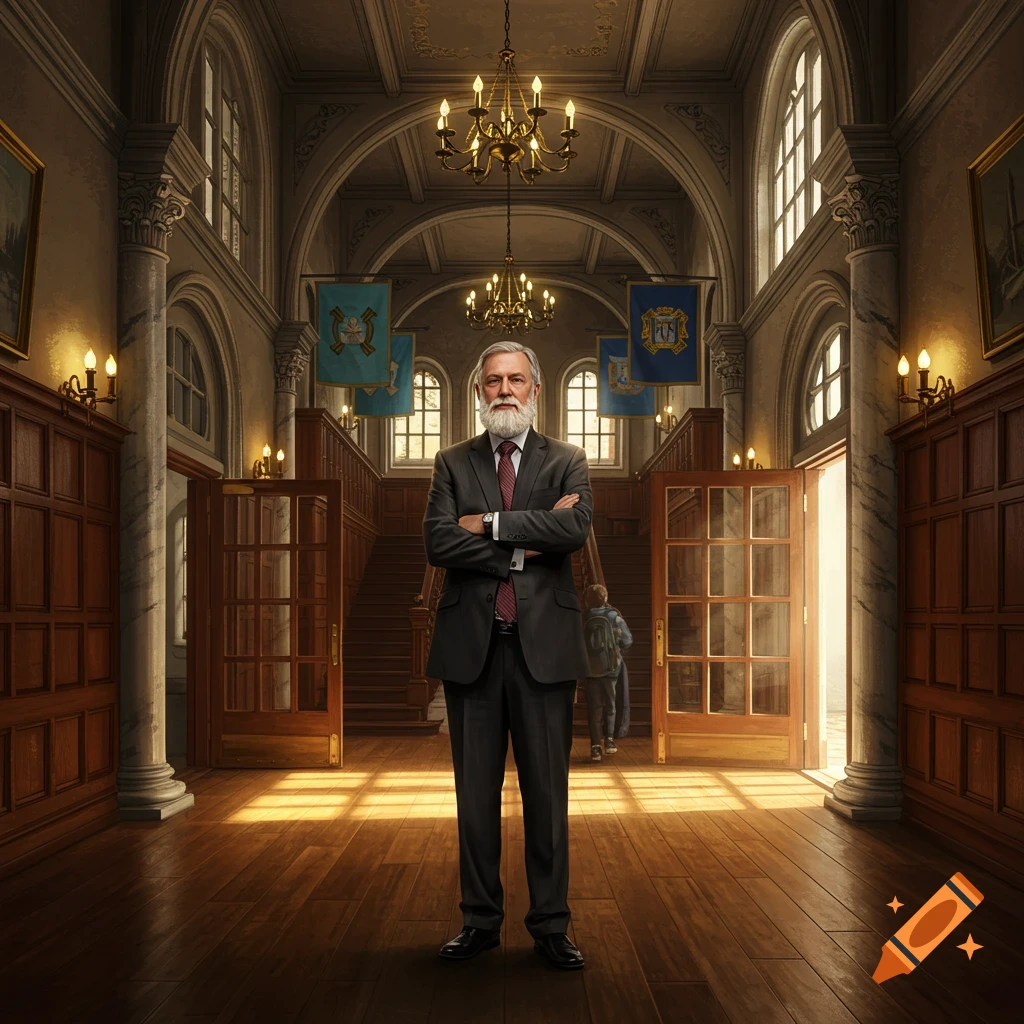 A photorealistic portrait of an older man with a beard and suit standing in a grand, sunlit school hallway.