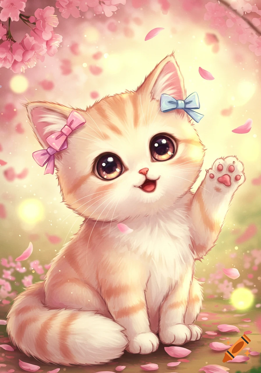 A cute baby anime cat with big eyes and bows sitting among pink cherry blossom petals, waving its paw.