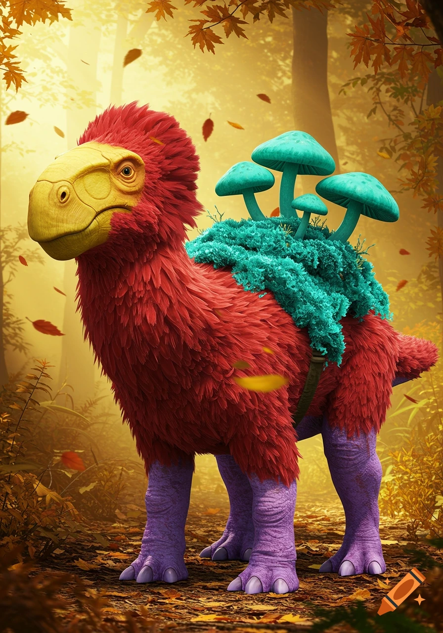 A vibrant red feathered dicynodont with a yellow beak and purple legs stands in an autumn forest. Teal mushrooms grow on green moss on its back.