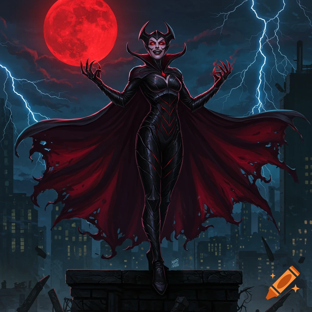 An evil supervillain woman in a black and red costume stands on a rooftop with outstretched, glowing hands, under a red moon and lightning in a comic book art style.