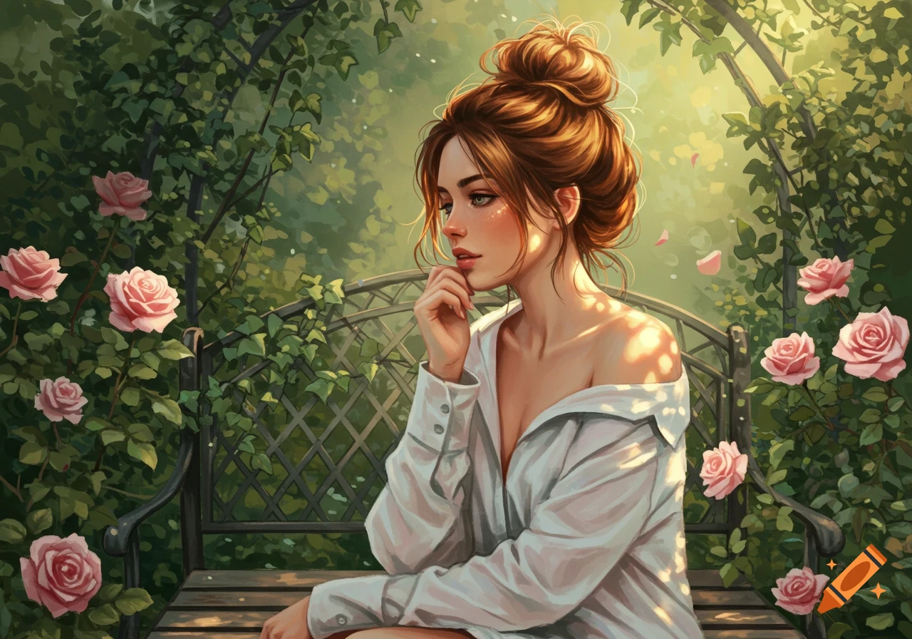 An illustrated woman with a messy bun sits on a garden bench, surrounded by pink roses and green foliage, in dappled sunlight.