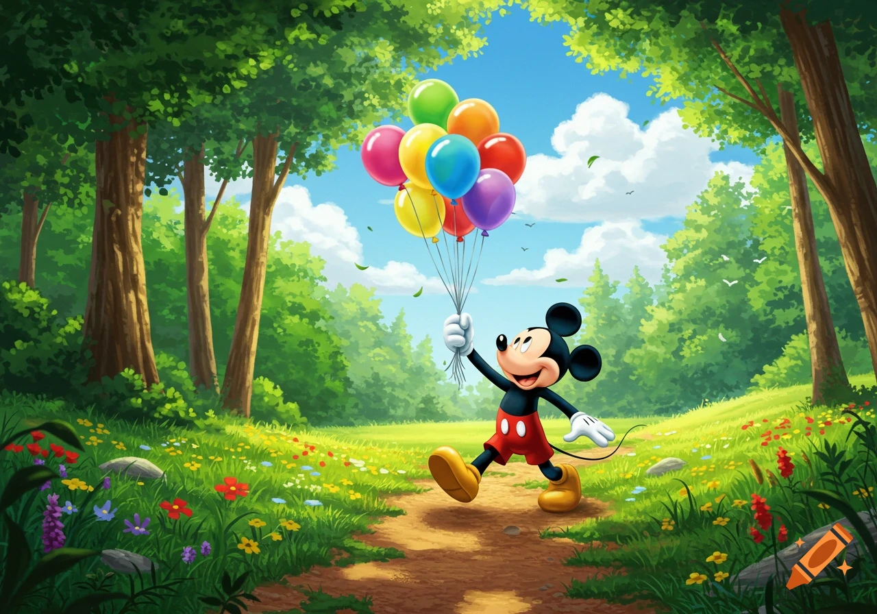 Mickey Mouse walks on a dirt path through a vibrant green forest, holding a large bunch of colorful balloons.