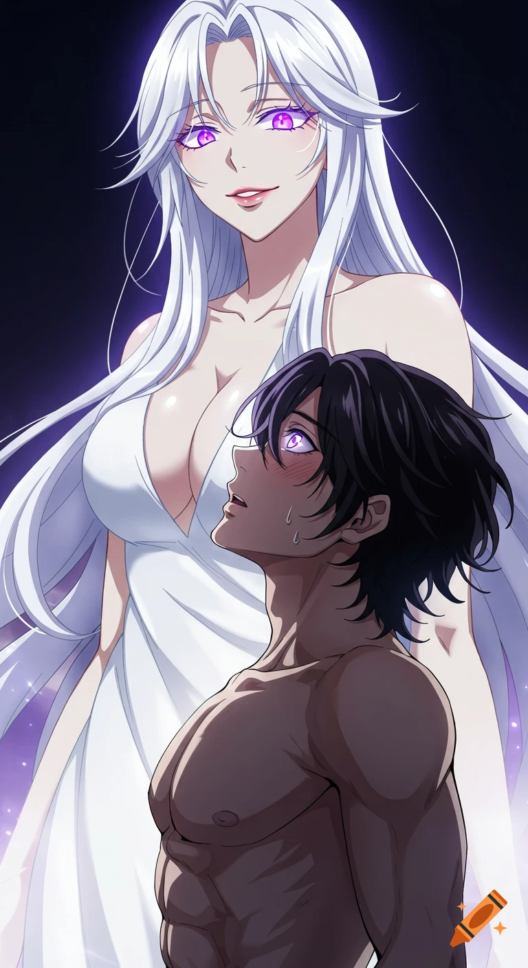 A white-haired giantess goddess with glowing purple eyes and a v-neck dress smiles seductively at a shirtless, blushing man with black hair and glowing purple eyes, in an anime style.