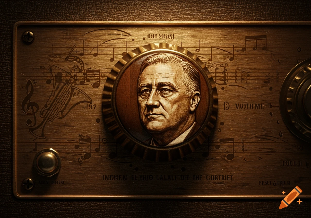 A wooden and brass amplifier panel featuring an engraved portrait of Franklin D. Roosevelt in the center of a volume knob, surrounded by musical notes and instruments.