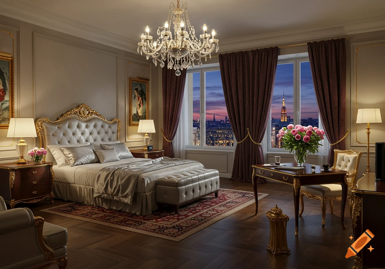 Luxurious bedroom suite with a grand bed, crystal chandelier, and large windows overlooking a city skyline at sunset.