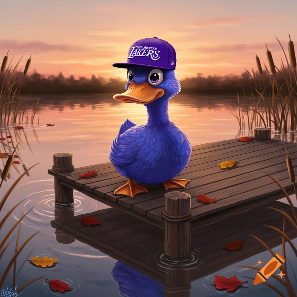 A blue, cartoonish duck wearing a purple "Los Angeles Lakers" baseball cap stands on a wooden dock at sunset. Calm water reflects the orange sky, with reeds and fallen leaves surrounding the dock.