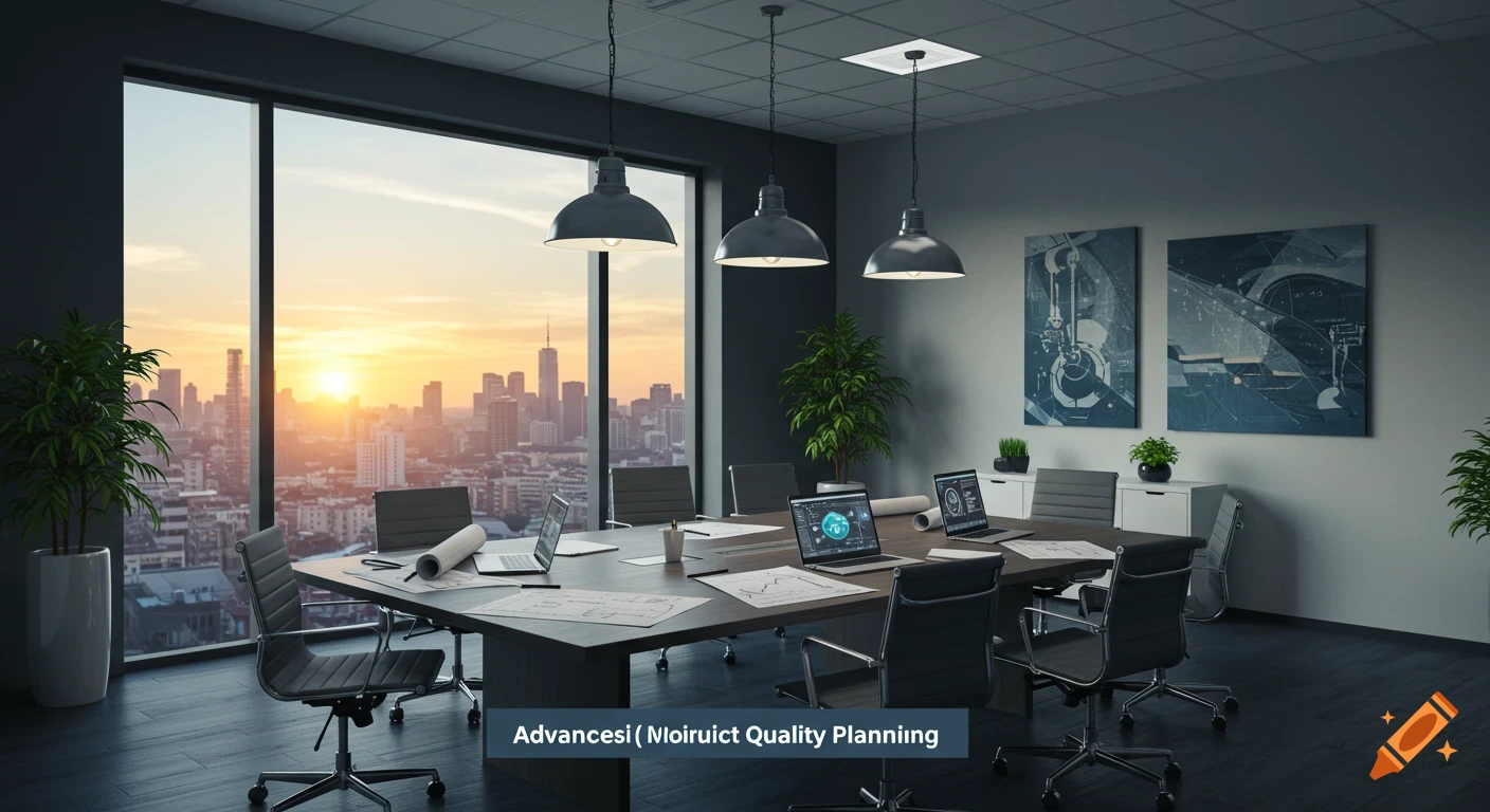 Modern meeting room with a long table, chairs, and laptops overlooking a city skyline at sunset.