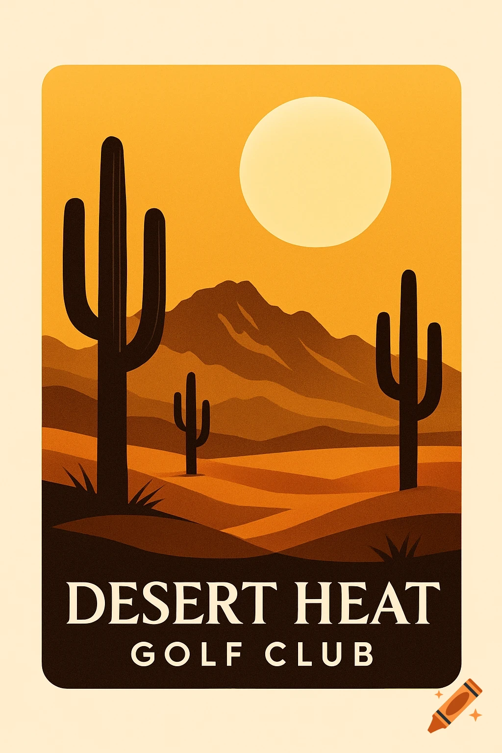 A desert landscape illustration with saguaro cacti, mountains, and a large sun under a warm orange sky. Text reads 'DESERT HEAT GOLF CLUB'.