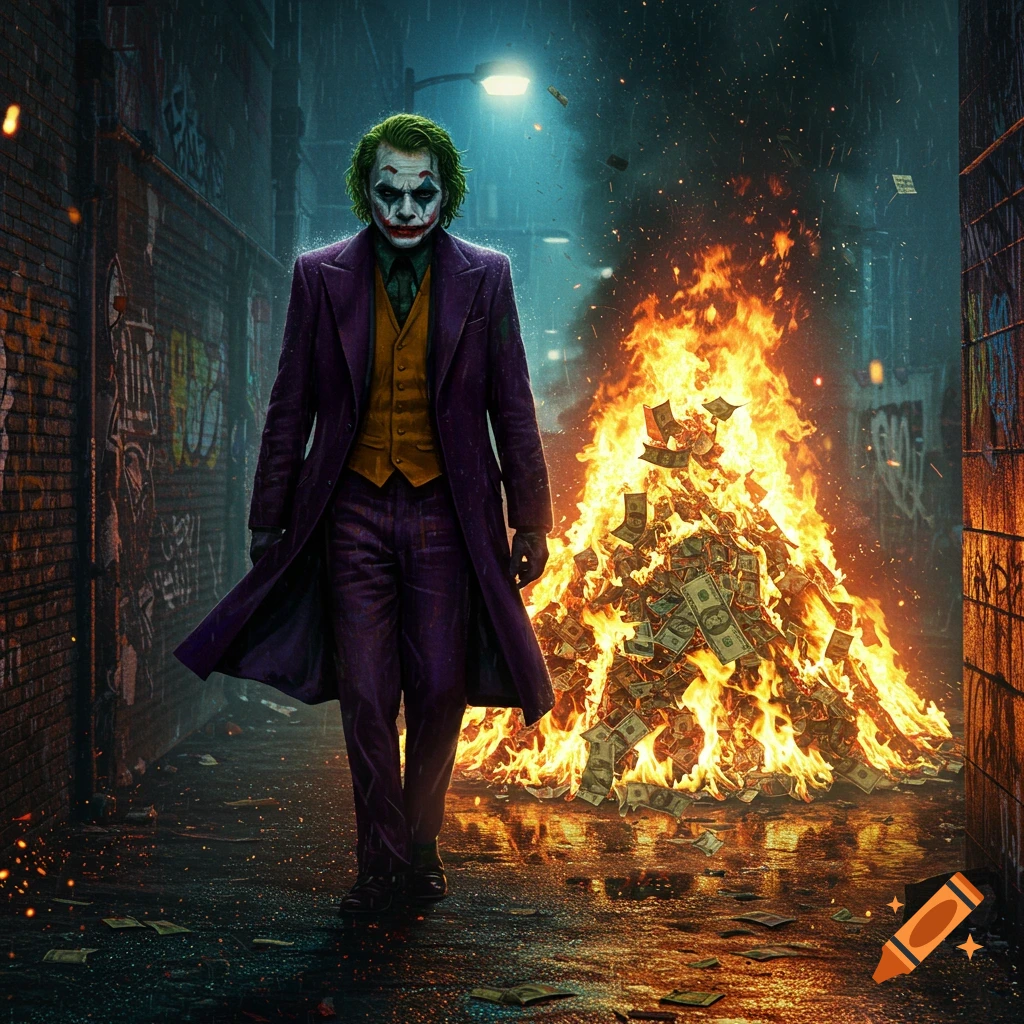 The Joker in a purple suit walks away from a burning pile of money in a dark, wet alley, photorealistic style.